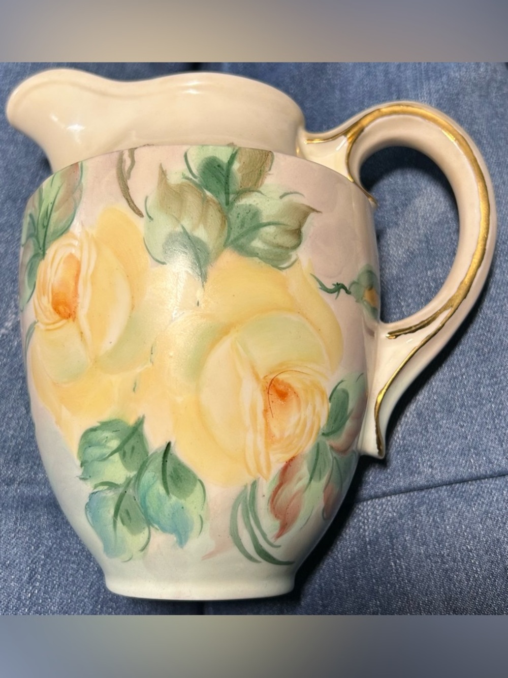 Vintage Hand-Painted Yellow Rose Ceramic creamer Pitcher, Holland, Louise 1955